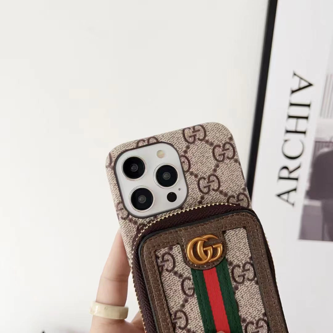Gucci-inspired monogram phone case with card holder and zip pouch