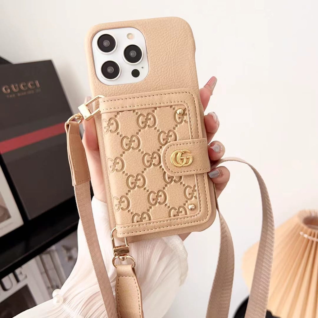 Gucci-inspired phone case with card pocket and shoulder strap