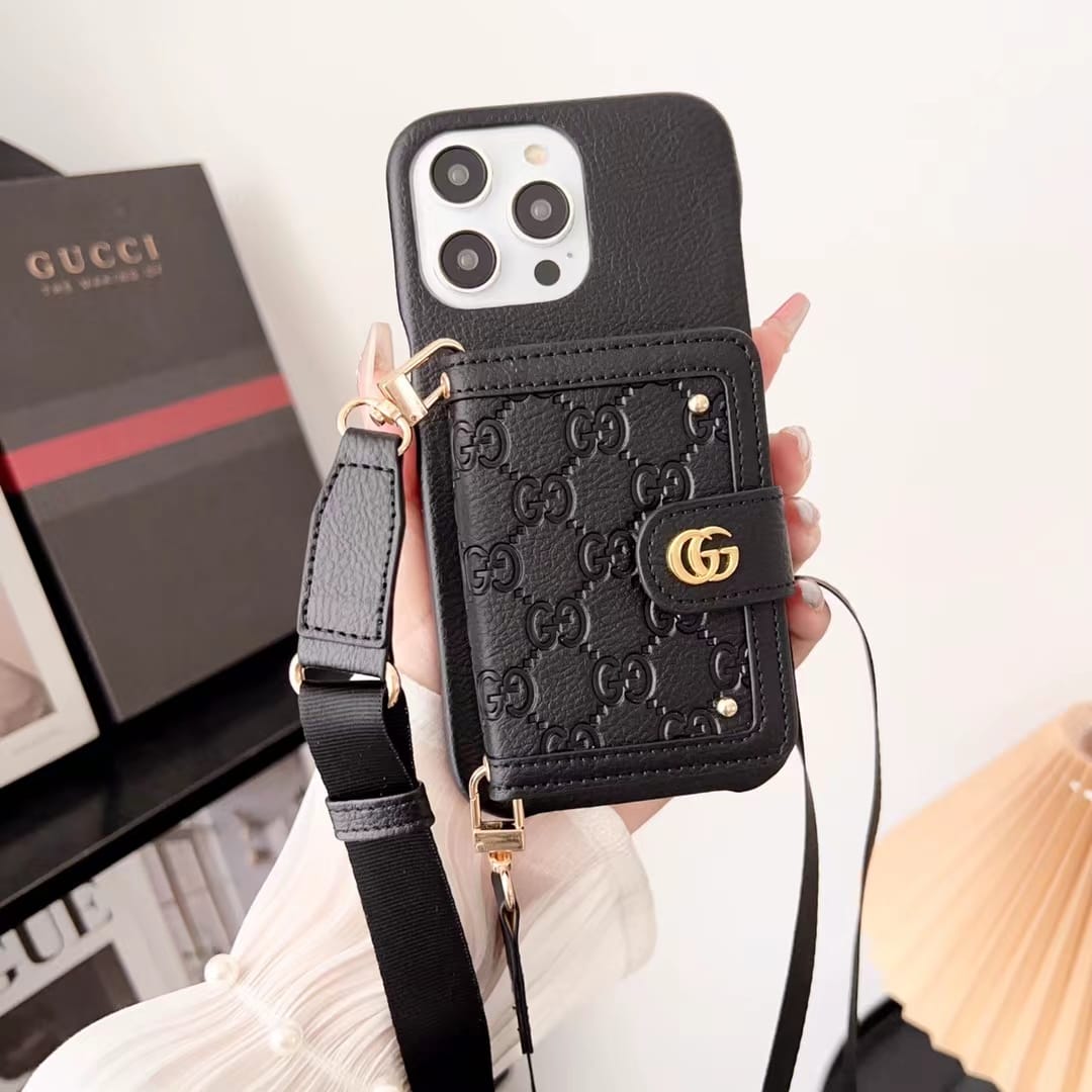 Gucci-inspired phone case with card pocket and shoulder strap