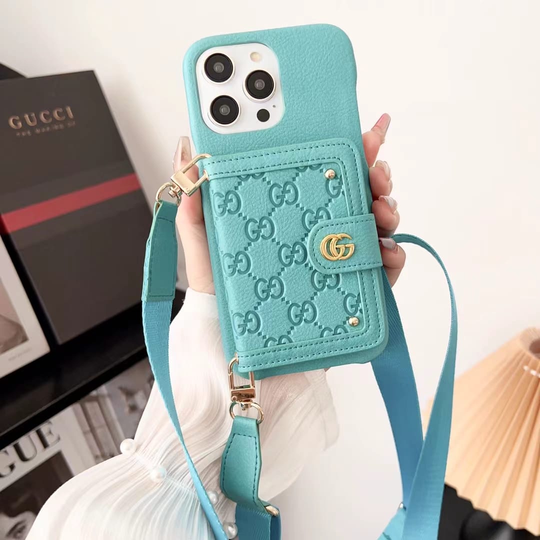 Gucci-inspired phone case with card pocket and shoulder strap
