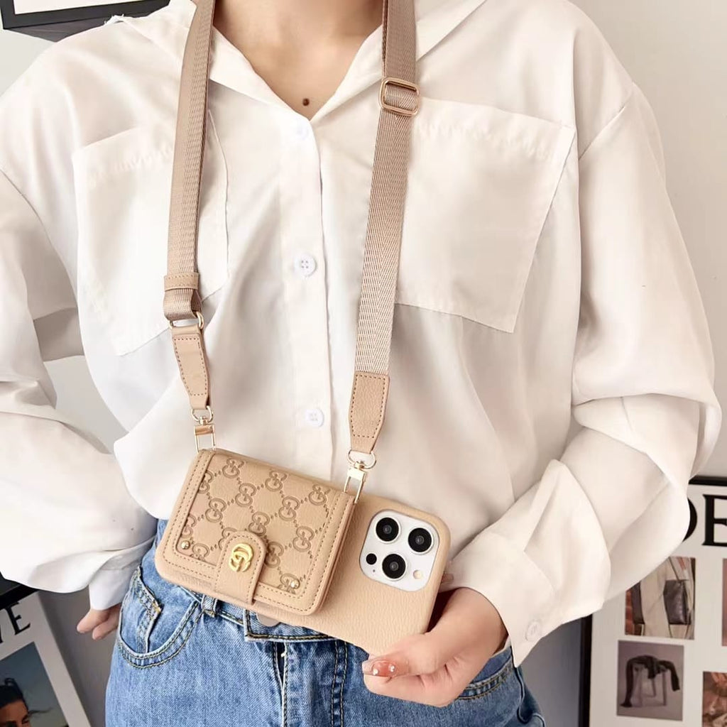 Gucci-inspired phone case with card pocket and shoulder strap