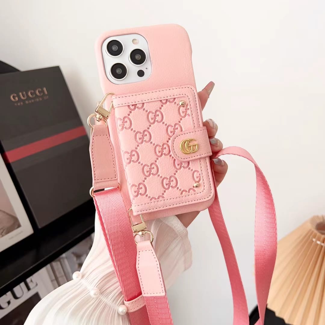 Gucci-inspired phone case with card pocket and shoulder strap