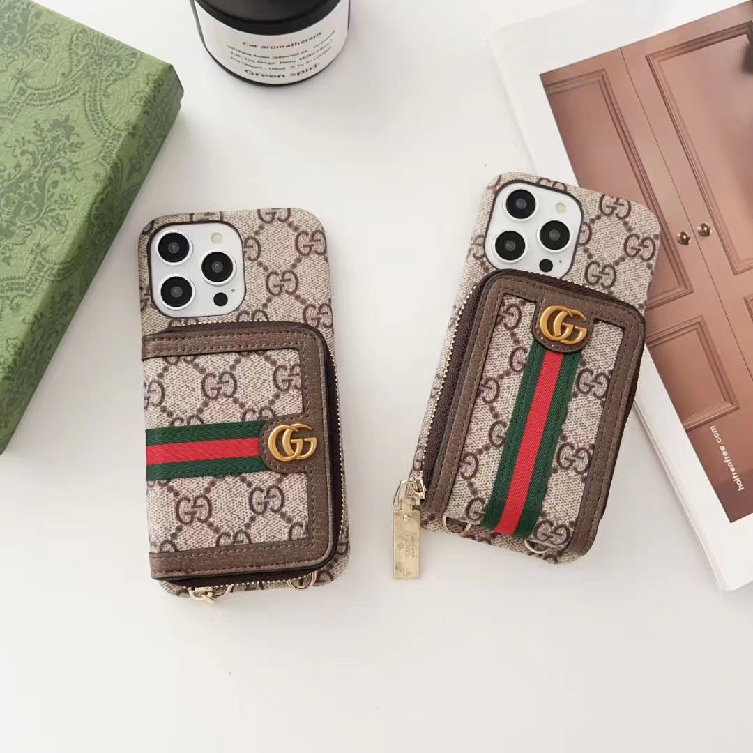 Gucci-inspired monogram phone case with card holder and zip pouch