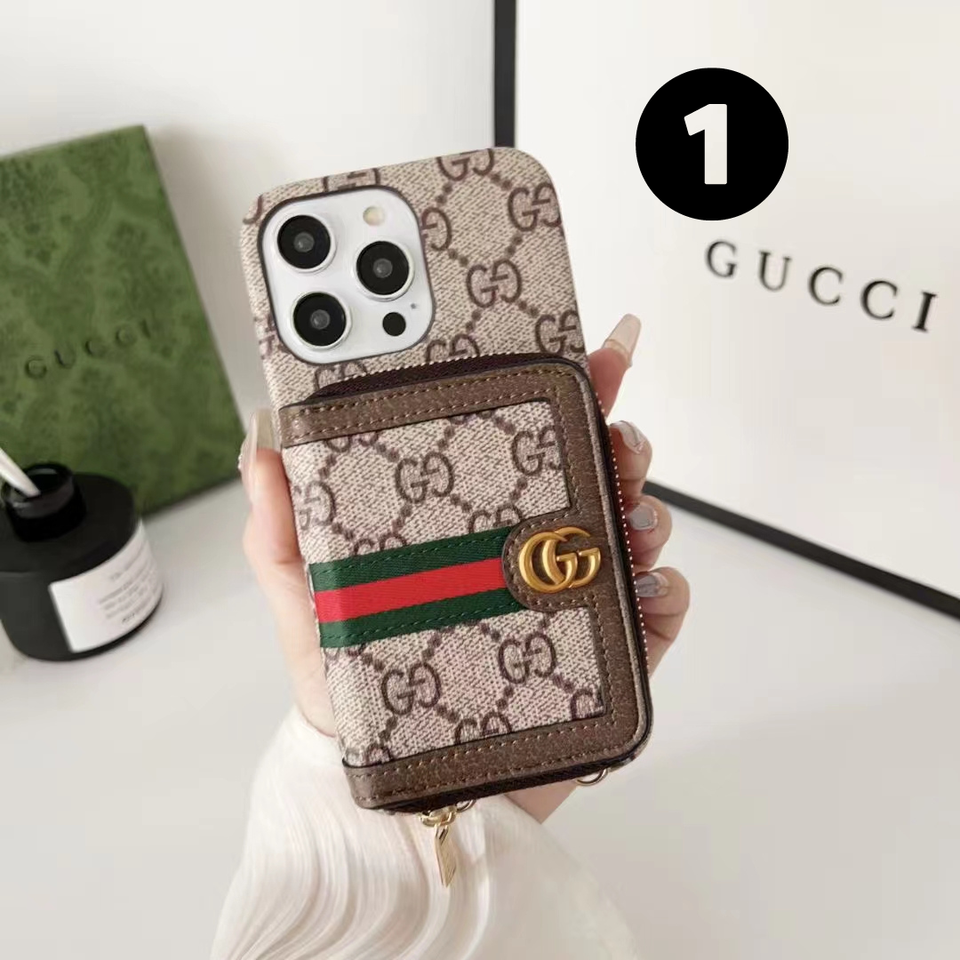 Gucci-inspired monogram phone case with card holder and zip pouch