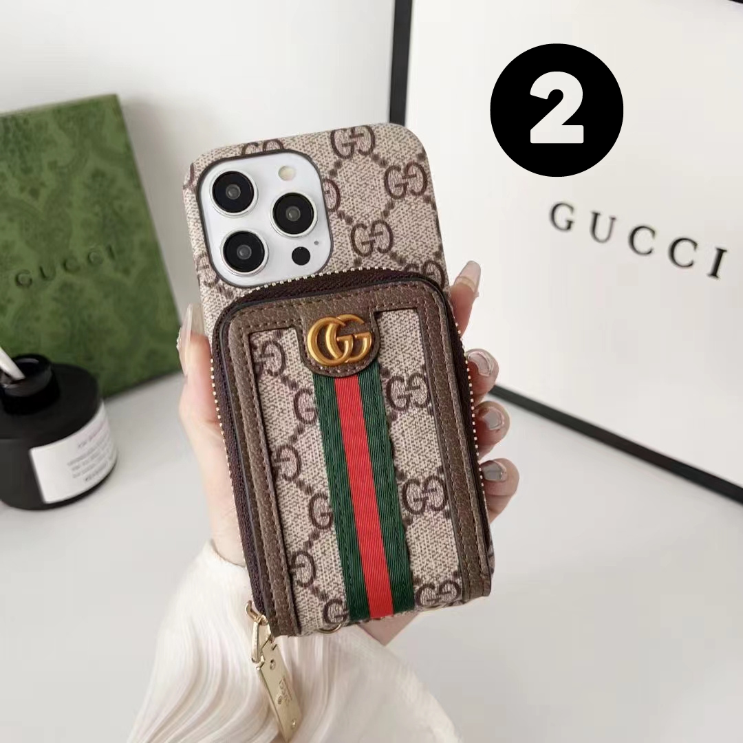 Gucci-inspired monogram phone case with card holder and zip pouch