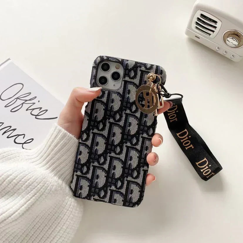 Dior-inspired all-over pattern phone case with hand strap