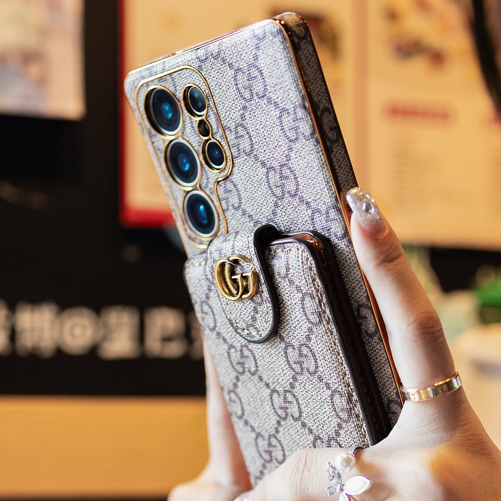 Leather Samsung phone case with wallet and strap