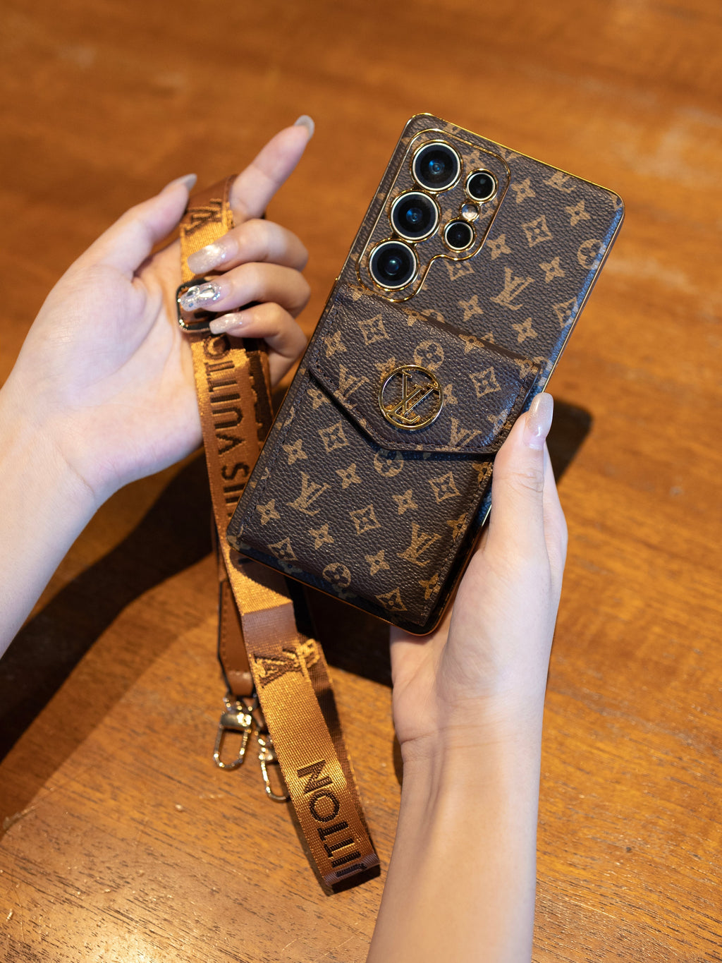 Leather Samsung phone case with wallet and strap