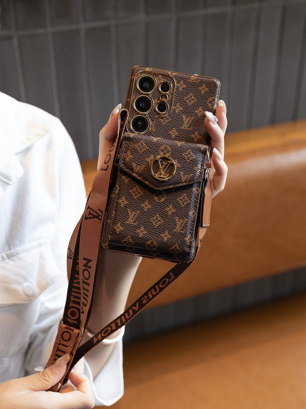 Leather Samsung phone case with wallet and strap