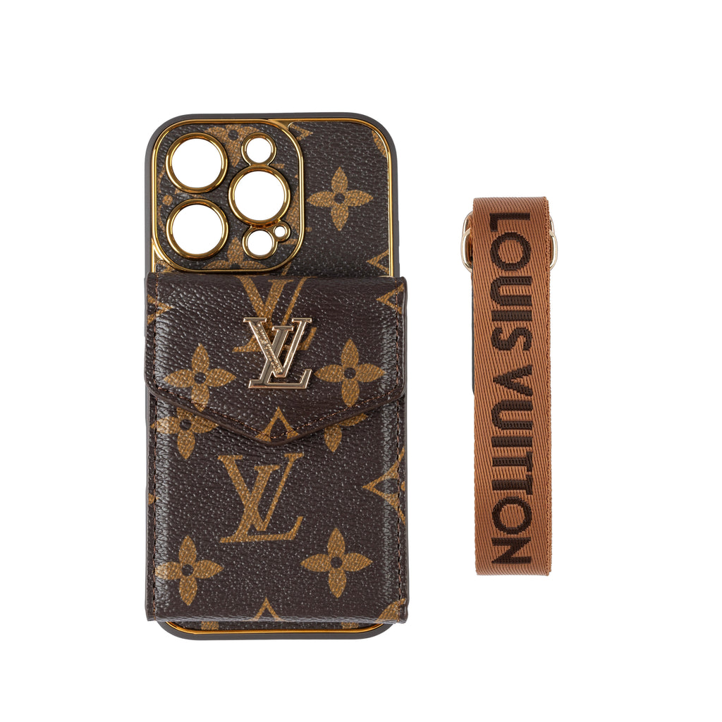 Louis Vuitton-inspired iPhone case with ID card holder and strap