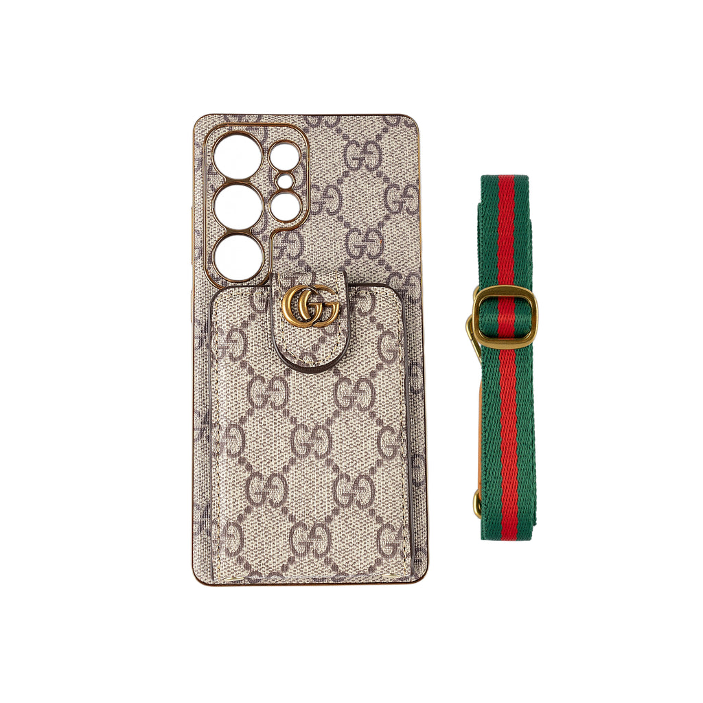 Leather Samsung phone case with wallet and strap