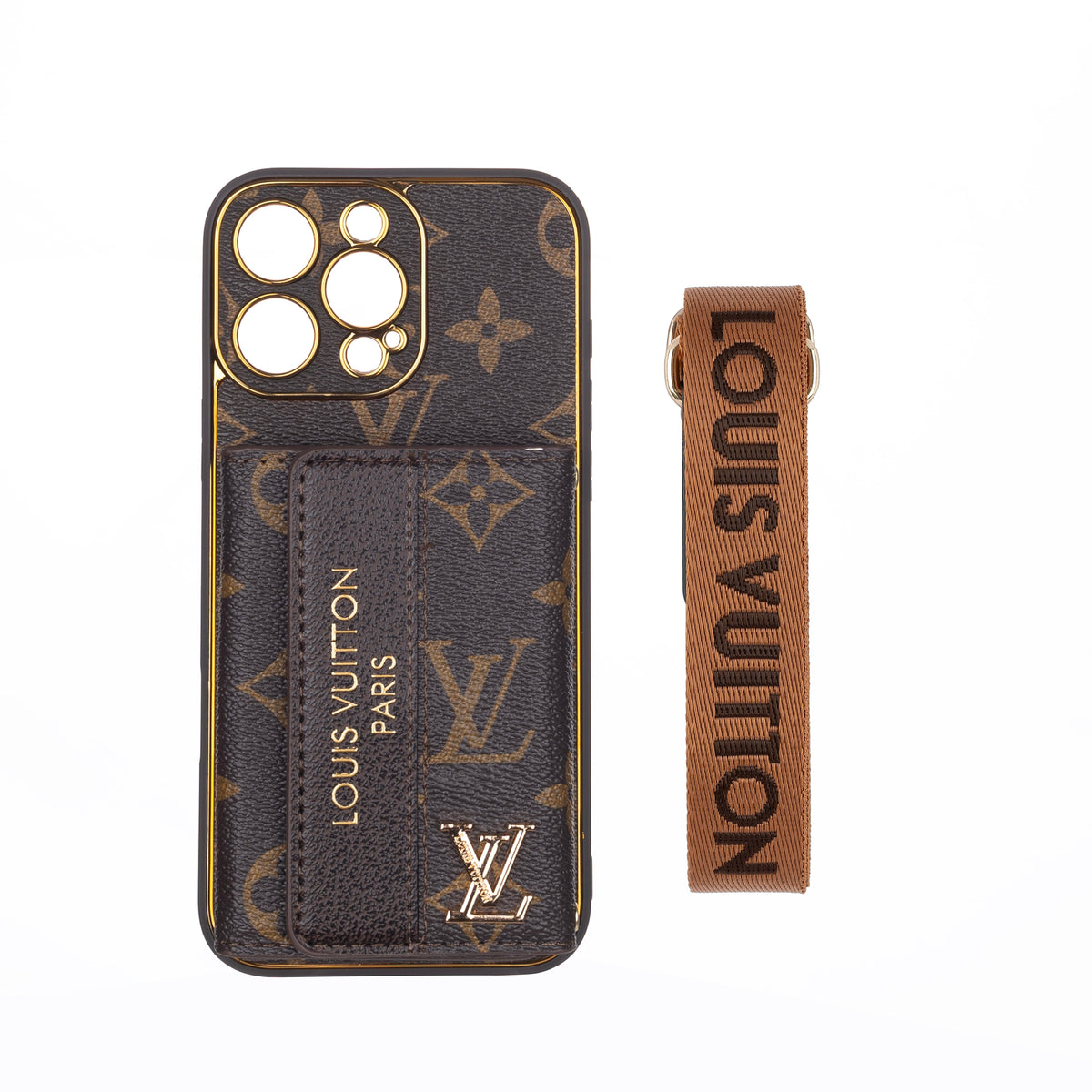 Louis Vuitton-inspired leather iPhone case with card holder and strap