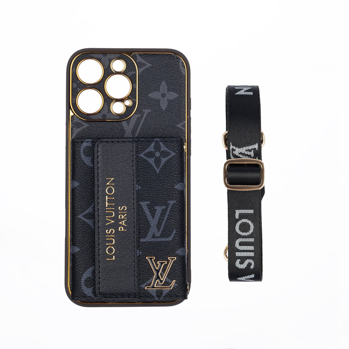 Louis Vuitton-inspired leather iPhone case with card holder and strap