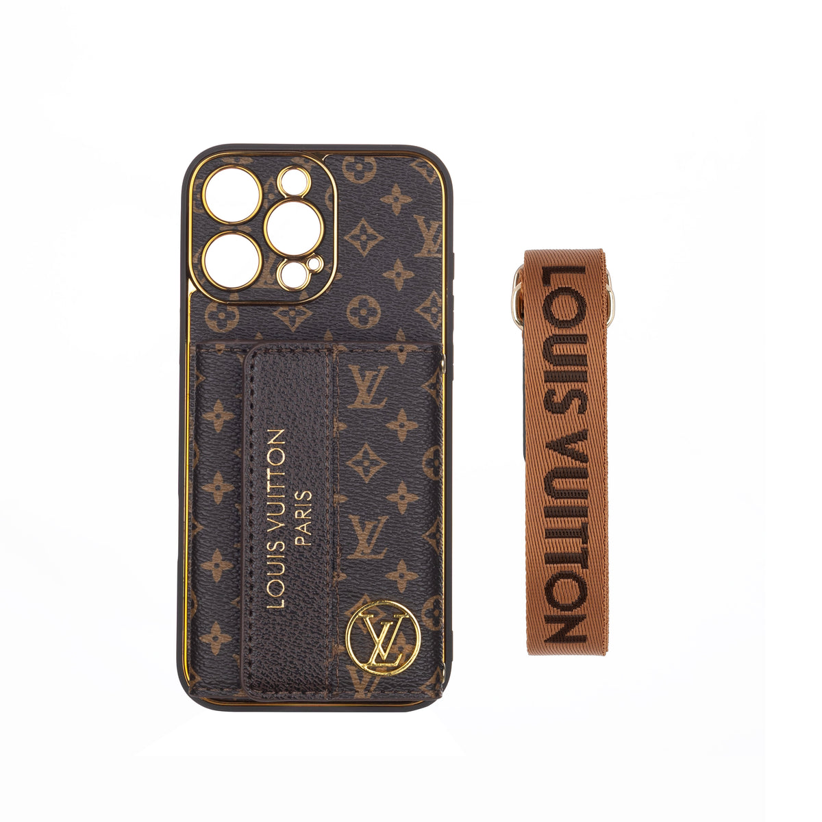 Louis Vuitton-inspired leather iPhone case with card holder and strap