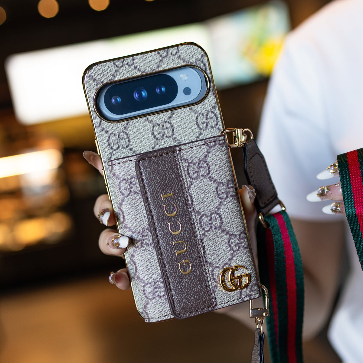Louis Vuitton-inspired Google Pixel phone case with crossbody strap