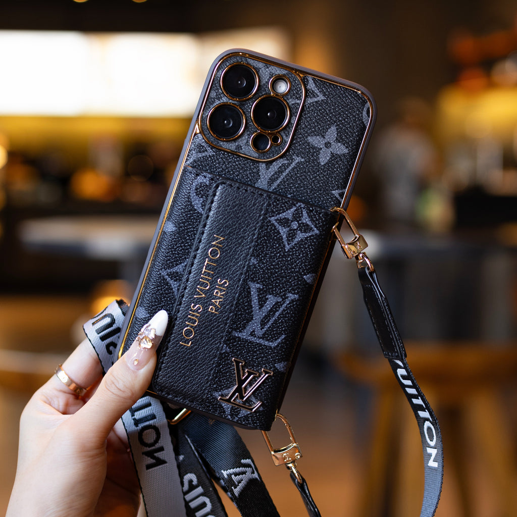 Louis Vuitton-inspired leather iPhone case with card holder and strap