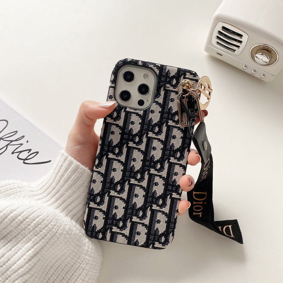 Dior-inspired lady phone case with strap
