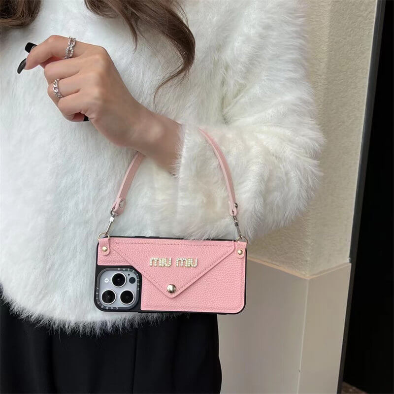 Miu Miu-inspired leather wrist strap iPhone case