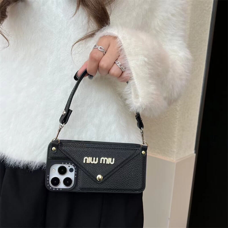 Miu Miu-inspired leather wrist strap iPhone drop protection cases, black