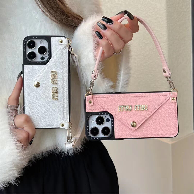 Miu Miu-inspired leather wrist strap iPhone case