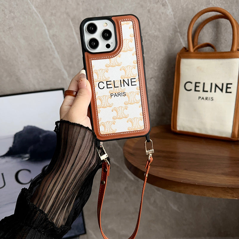 Celine-inspired leather iPhone case with wrist strap