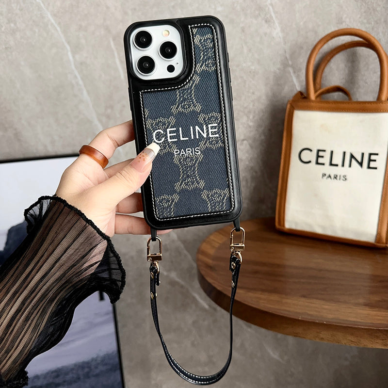 Celine-inspired leather iPhone case with wrist strap, black