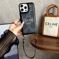 Celine-inspired leather iPhone case with wrist strap, black