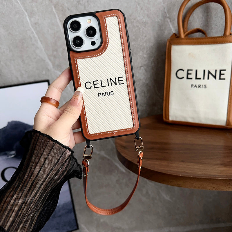 Celine-inspired leather iPhone case with wrist strap