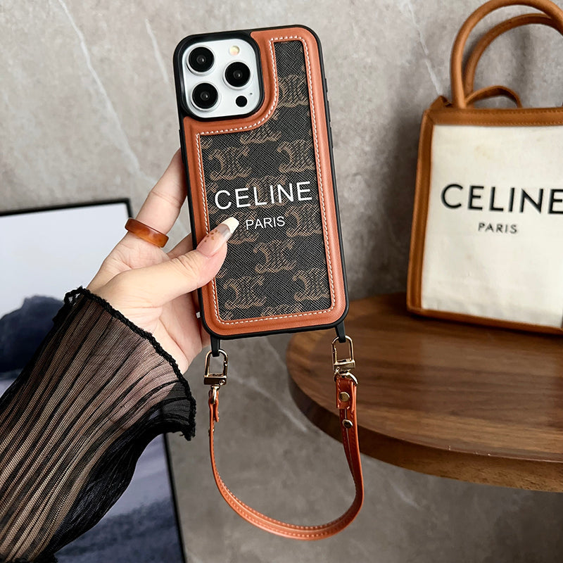 Celine-inspired leather iPhone case with wrist strap