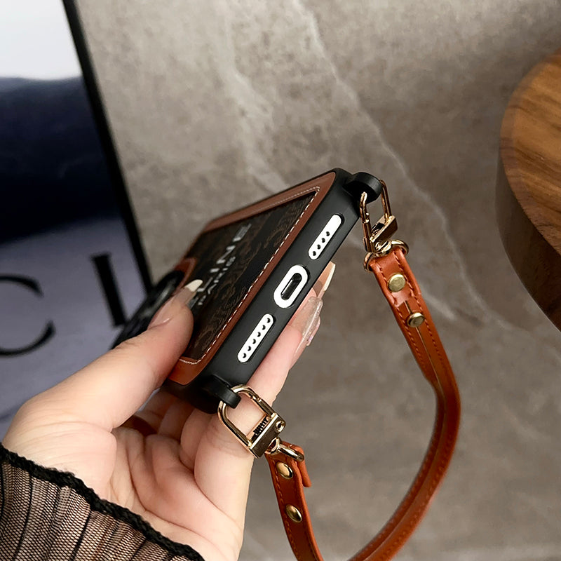 Celine-inspired leather iPhone case with wrist strap