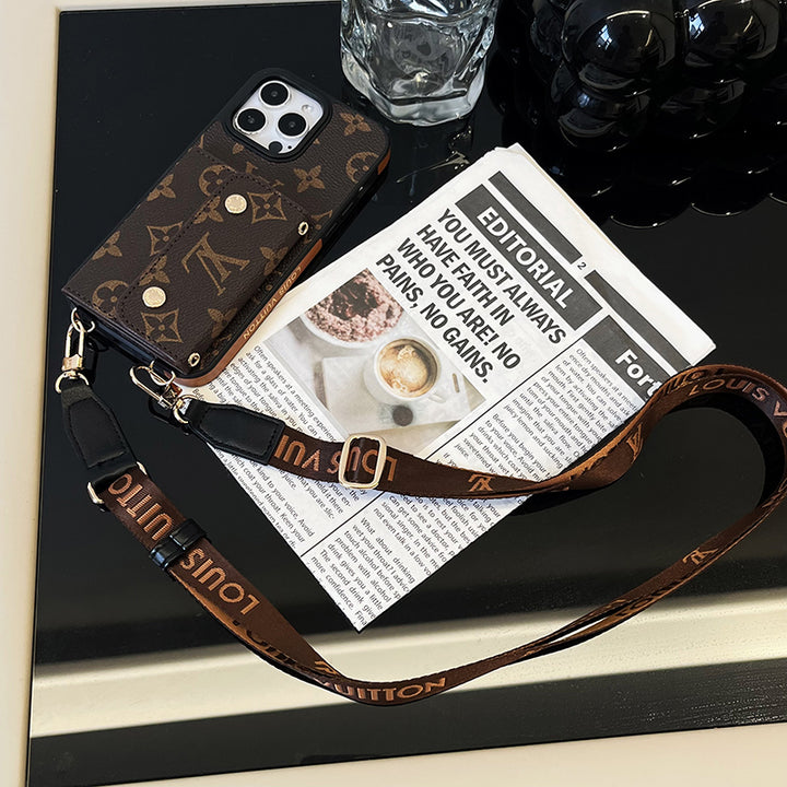 Louis Vuitton-inspired monogram iPhone wallet case with shoulder strap