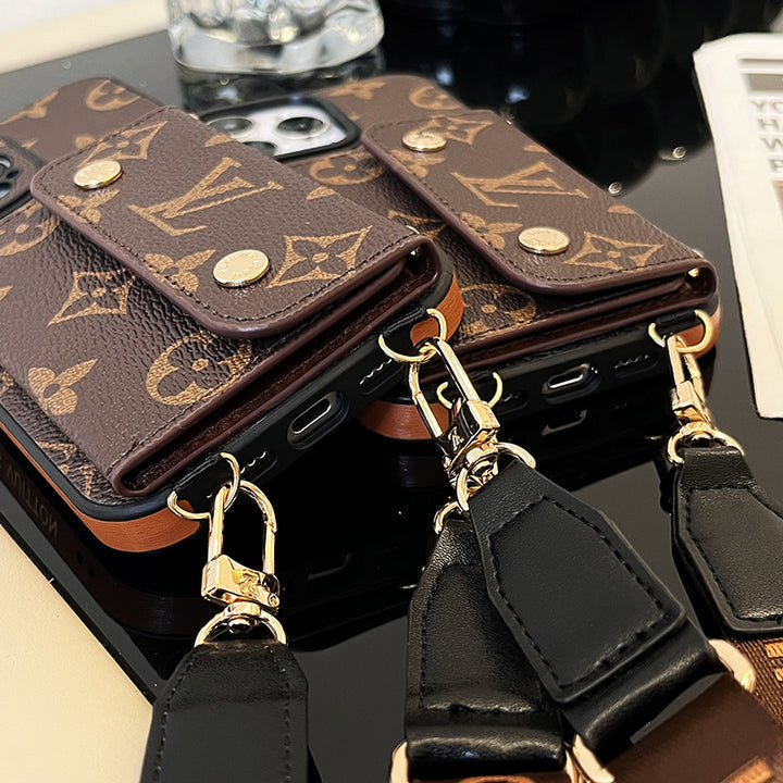Louis Vuitton-inspired monogram iPhone wallet case with shoulder strap