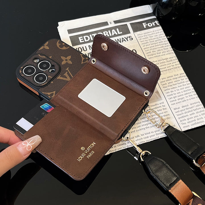 Louis Vuitton-inspired monogram iPhone wallet case with shoulder strap