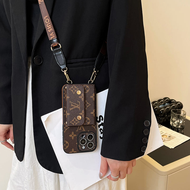 Louis Vuitton-inspired monogram iPhone wallet case with shoulder strap