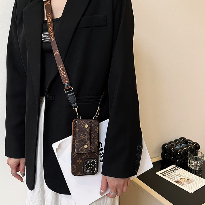 Louis Vuitton-inspired monogram iPhone wallet case with shoulder strap