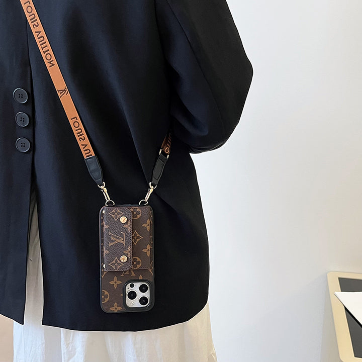Louis Vuitton-inspired monogram iPhone wallet case with shoulder strap