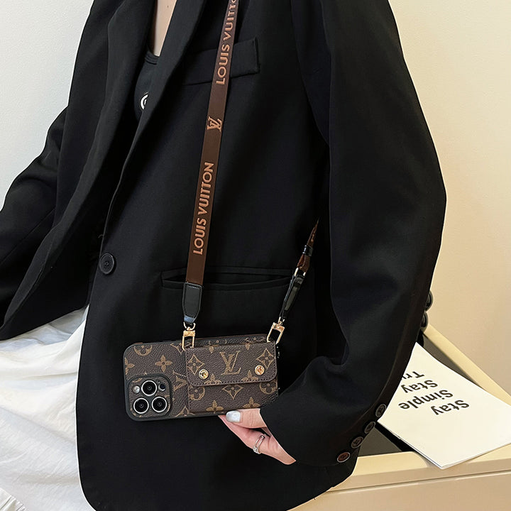 Louis Vuitton-inspired monogram iPhone wallet case with shoulder strap