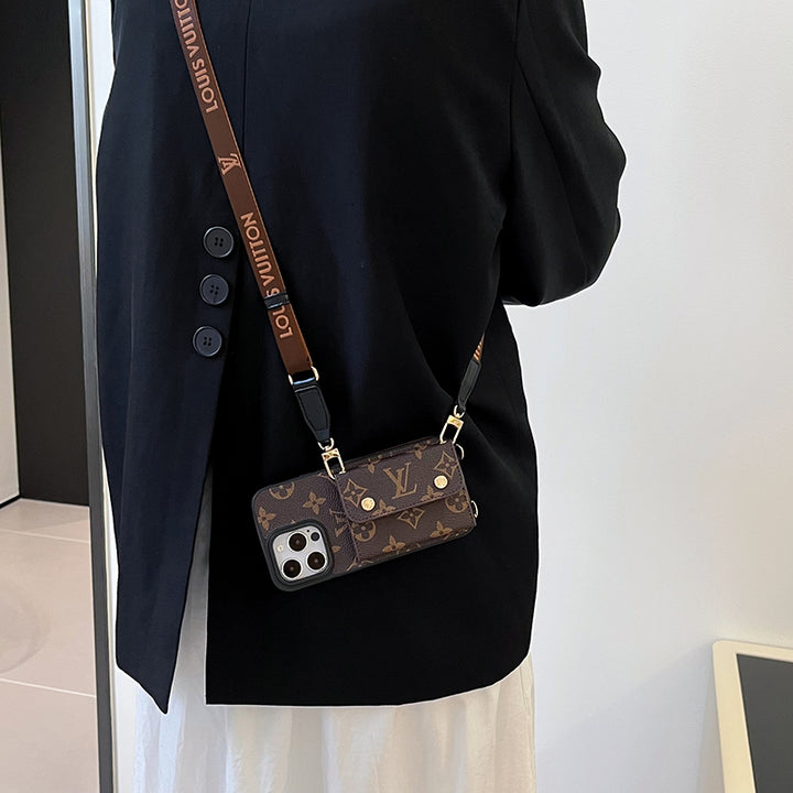 Louis Vuitton-inspired monogram iPhone wallet case with shoulder strap