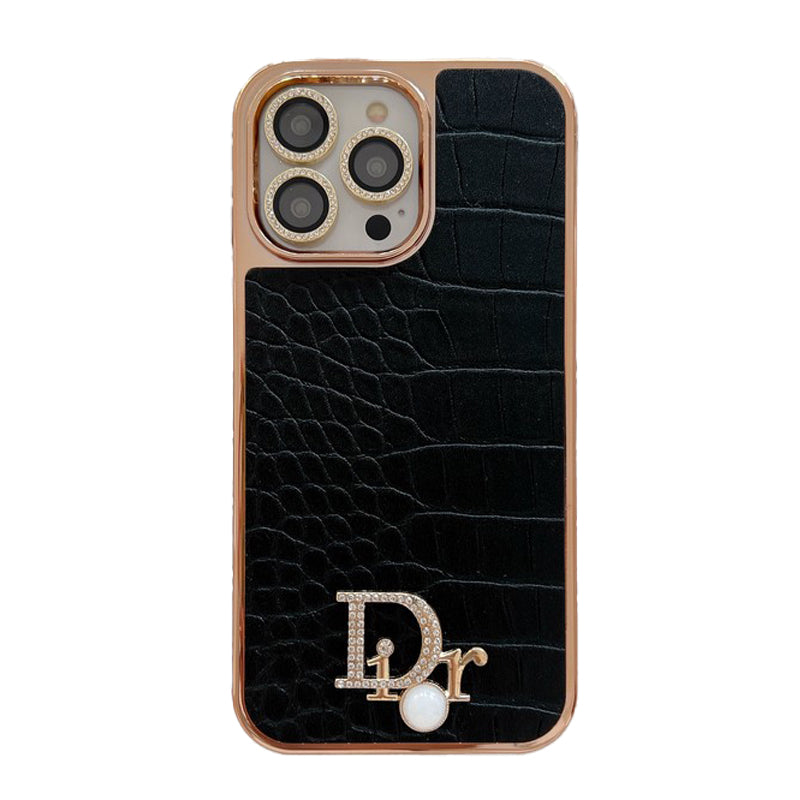 Dior-inspired textured iPhone case with metal emblem