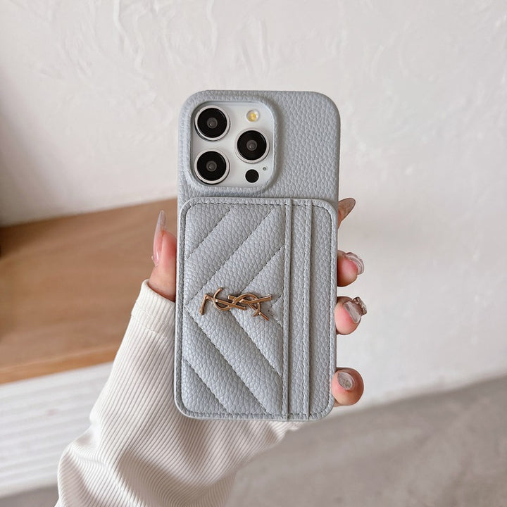 YSL-inspired chevron leather iPhone case with card pocket