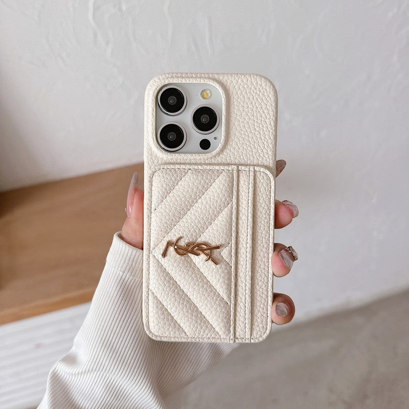 YSL-inspired chevron leather iPhone case with card pocket