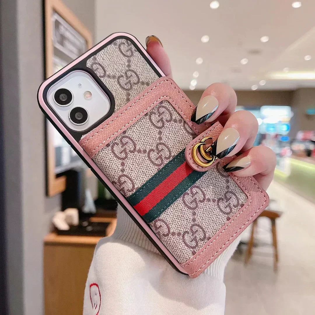 Gucci-inspired monogram iPhone 16 cardholder case with web stripe