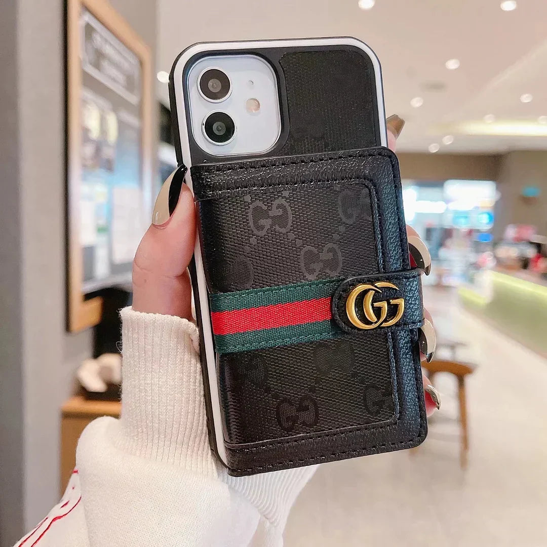 Gucci-inspired monogram iPhone 16 cardholder case with web stripe