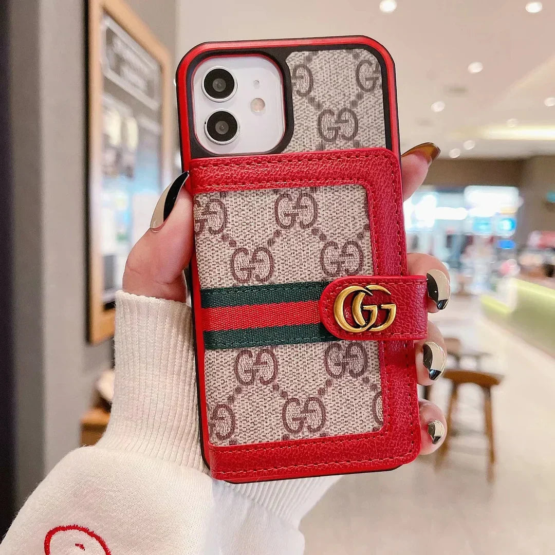 Gucci-inspired monogram iPhone 16 cardholder case with web stripe