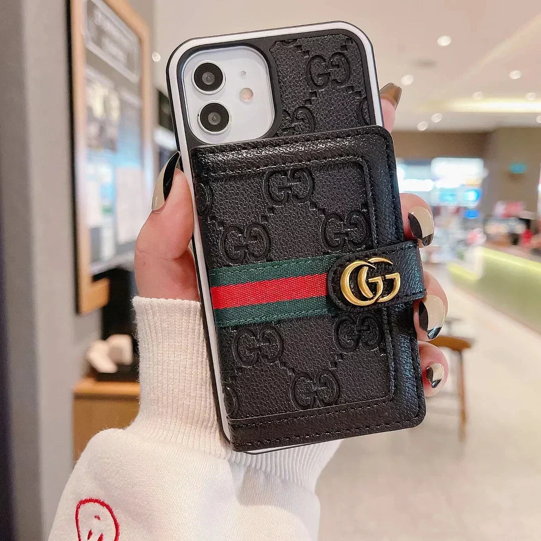 Gucci-inspired monogram iPhone 16 cardholder case with web stripe