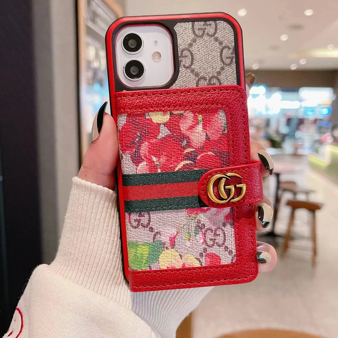 Gucci-inspired monogram iPhone 16 cardholder case with web stripe