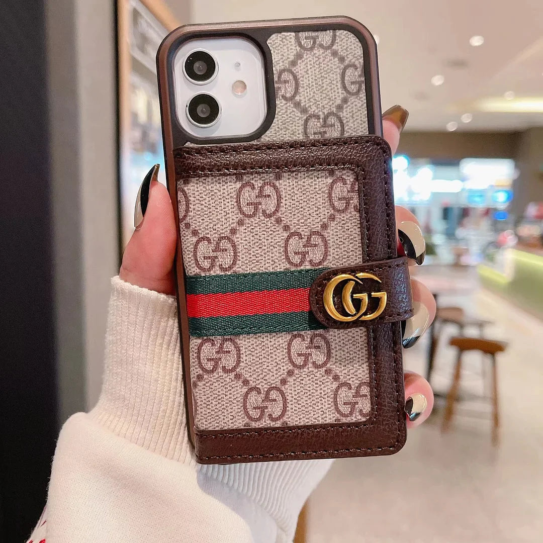 Gucci-inspired monogram iPhone 16 cardholder case with web stripe
