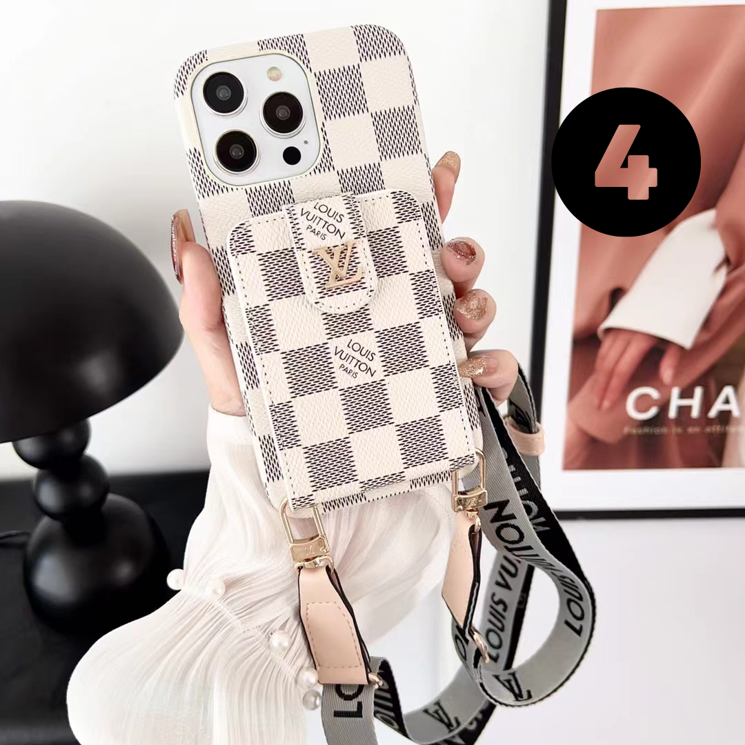 Louis Vuitton-inspired monogram phone case with strap and card pocket