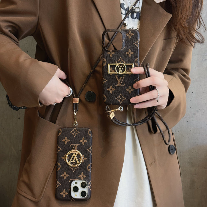 Louis Vuitton-inspired monogram iPhone case with crossbody strap