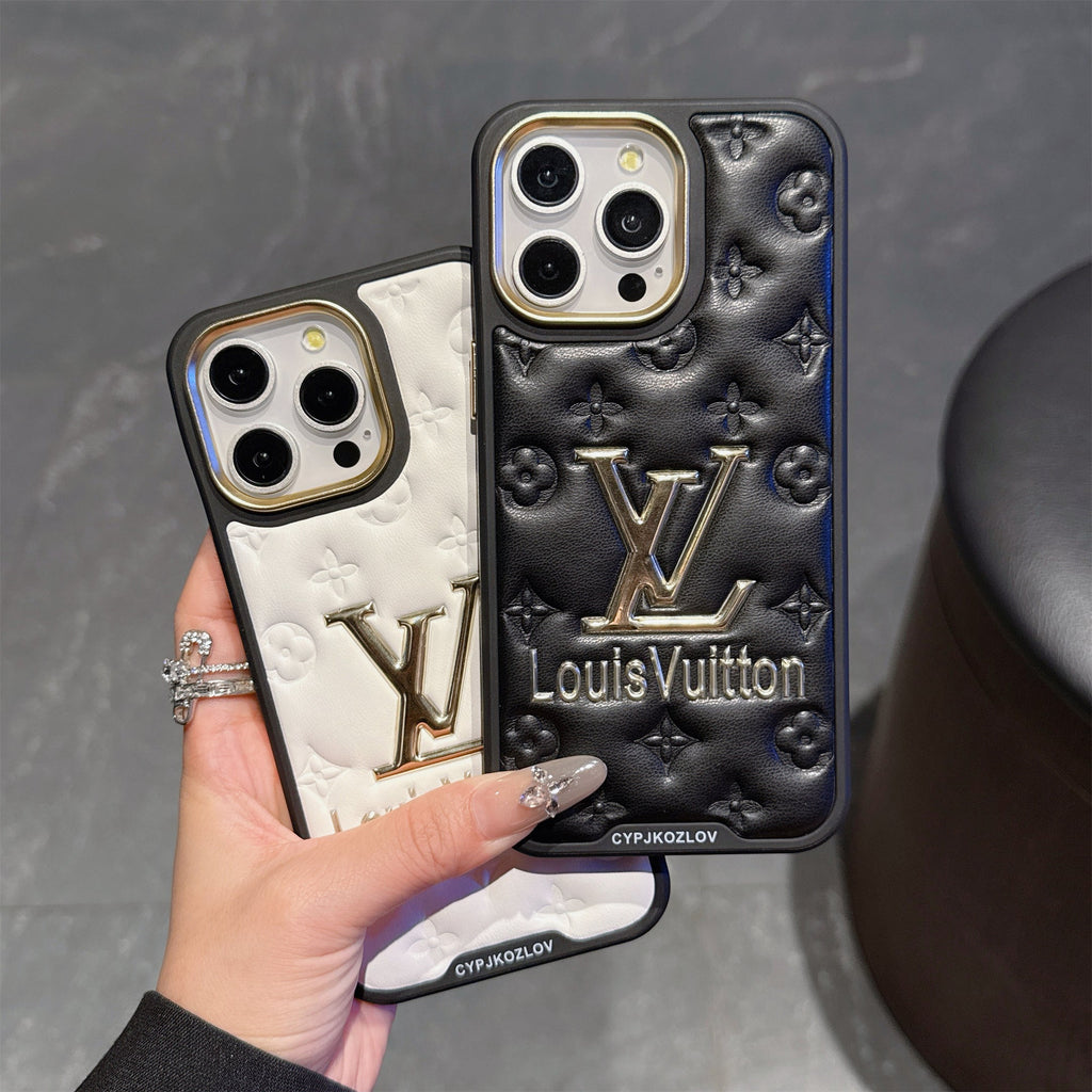 Louis Vuitton-inspired quilted leather iPhone case with raised emblem